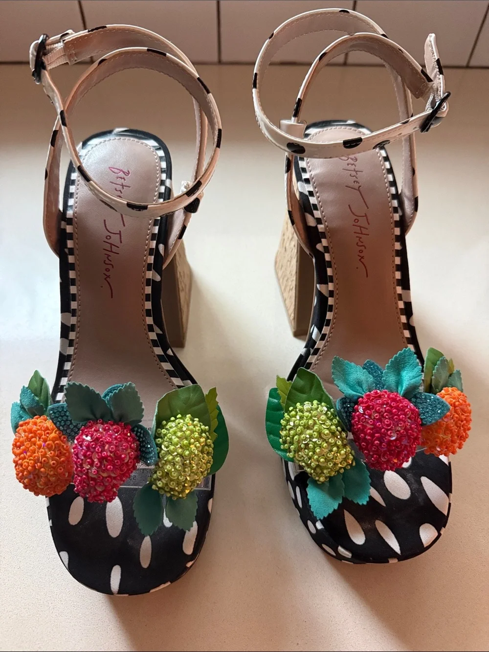 Betsey Johnson Women's “Sprite” Fruit bead Embellished Chunky Heels Sandals 7
